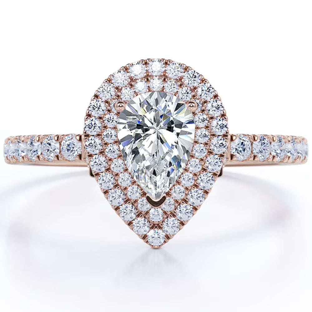 JeenMata Pave Style 1 Carat Pear-Shaped Moissanite Double Halo Cluster Engagement Ring in 18K Rose Gold Plating for Women