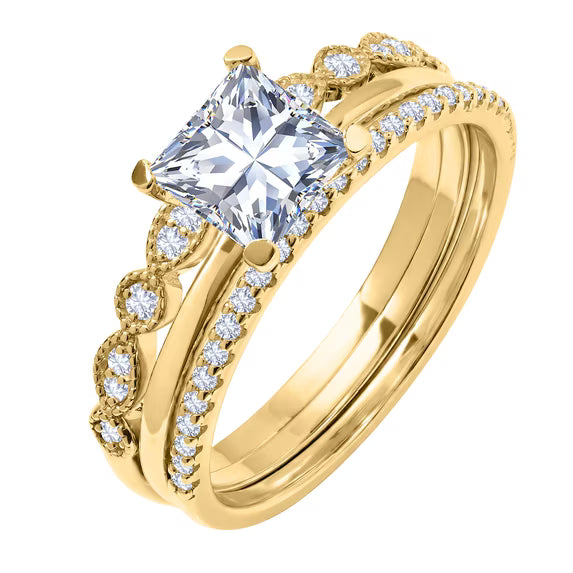 JeenMata 3.25 Carat Princess Wedding Ring Set - Bridal Set - Wedding Trio Set - Engagement Ring - Art Deco Ring - Promise Ring - Sterling Silver