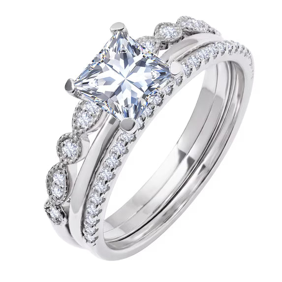 JeenMata 3.25 Carat Princess Wedding Ring Set - Bridal Set - Wedding Trio Set - Engagement Ring - Art Deco Ring - Promise Ring - Sterling Silver