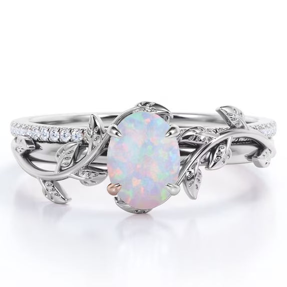 JeenMata Prong Setting 1.5 Carat Ovate Rainbow Lab Created Opal and Moissanite Leaf Design Wedding Ring Set in 18K White Gold Plating over Silver