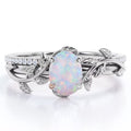 JeenMata Prong Setting 1.5 Carat Ovate Rainbow Lab Created Opal and Moissanite Leaf Design Wedding Ring Set in 18K White Gold Plating over Silver