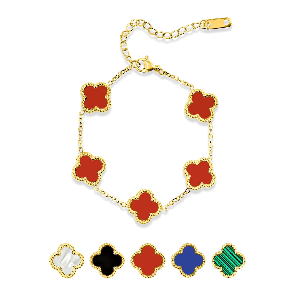 JeenMata Red Flower Link Bracelet in Yellow Gold Plated