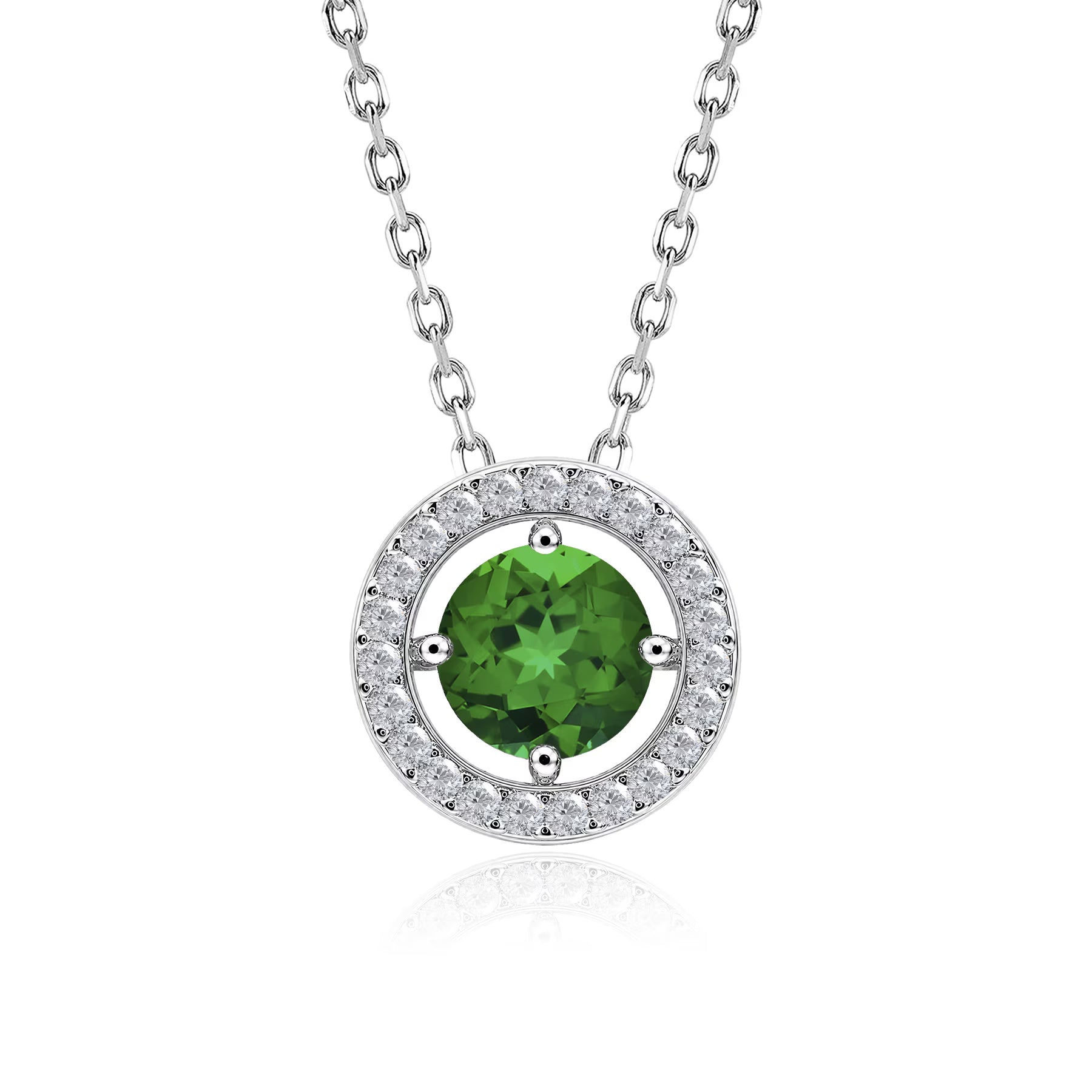 JeenMata Solitaire 1.25 Carat Round Cut - Emerald - May Birthstone Halo Pendant Necklace in White Gold Plating, Adult, Female