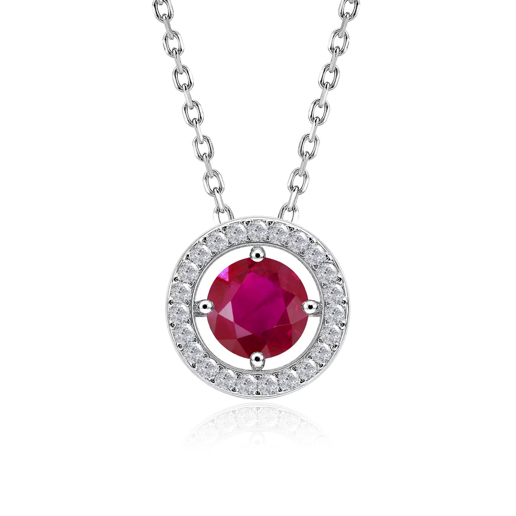JeenMata Solitaire 1.25 Carat Round Cut - Ruby - July Birthstone Halo Pendant Necklace in White Gold Plating, Adult, Female