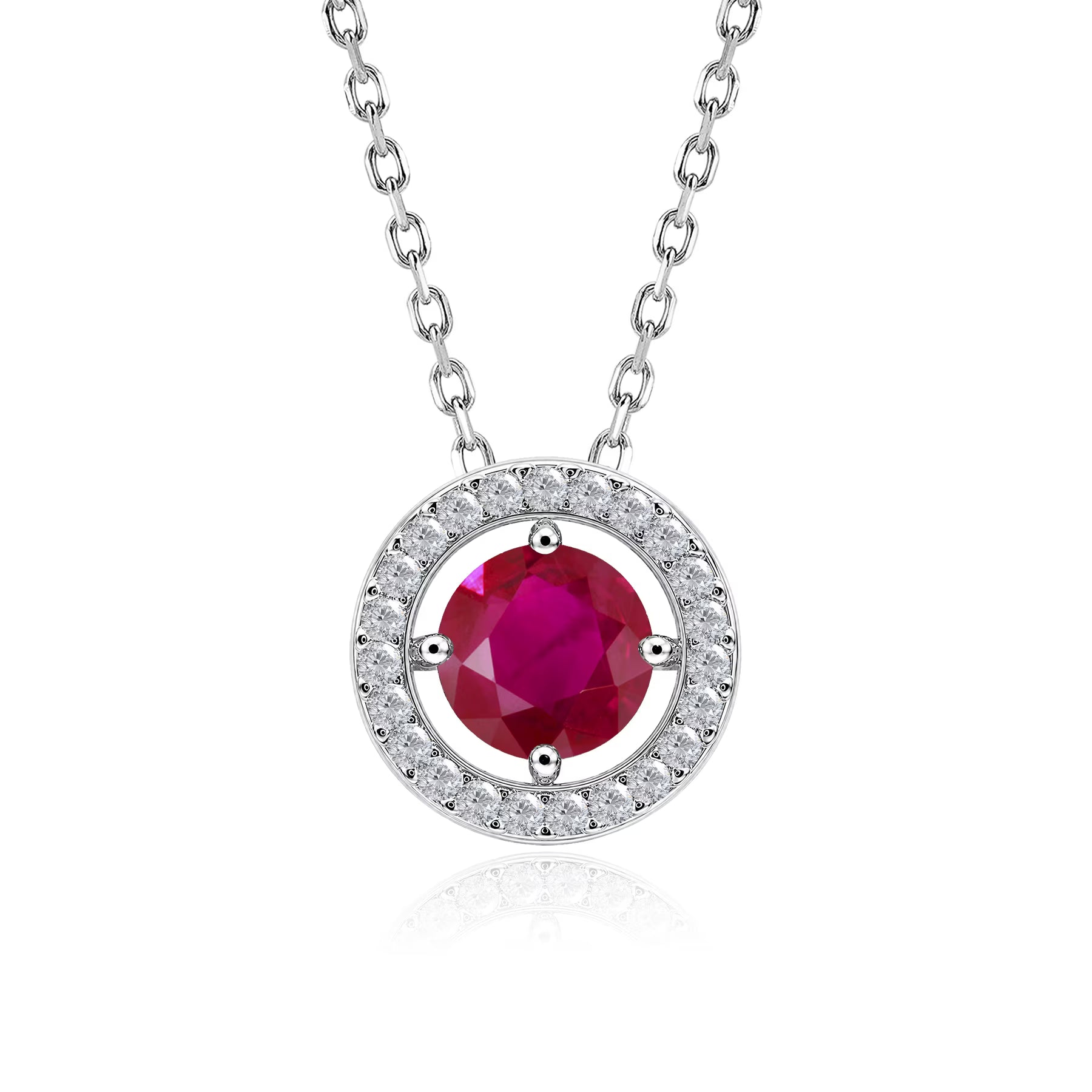 JeenMata Solitaire 1.25 Carat Round Cut - Ruby - July Birthstone Halo Pendant Necklace in White Gold Plating, Adult, Female
