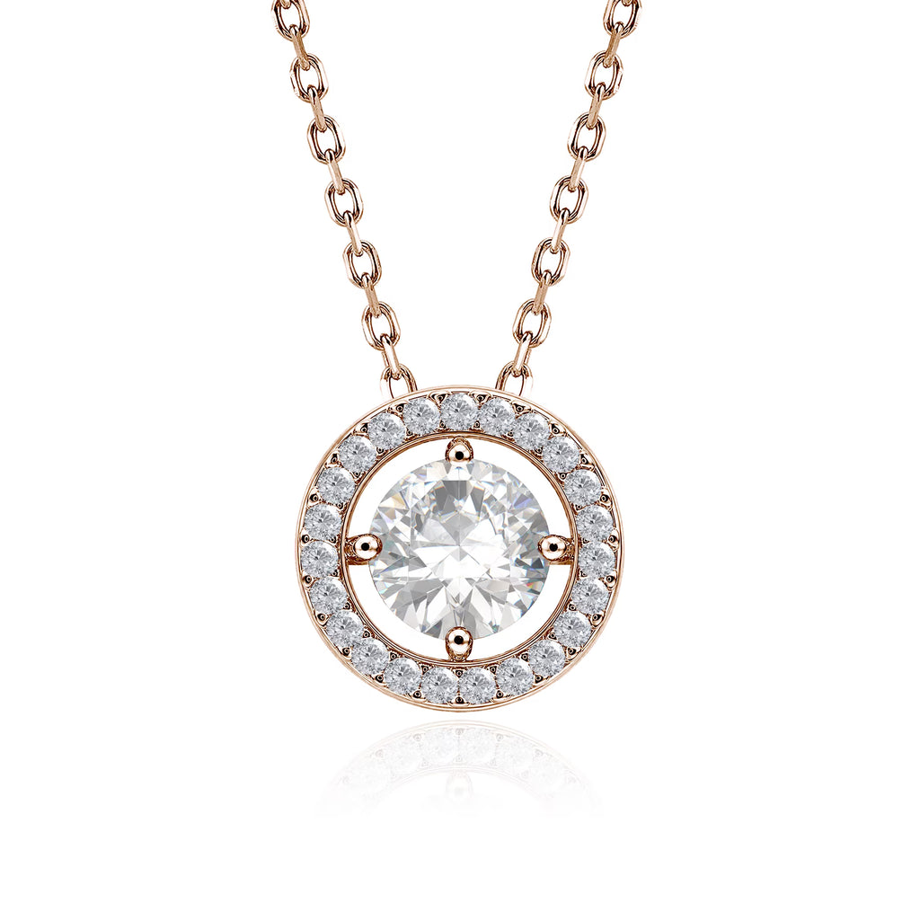 JeenMata Solitaire 1 Carat Round Cut - Moissanite - April Birthstone Halo Pendant Necklace 18k Rose Gold over Silver, Adult, Female