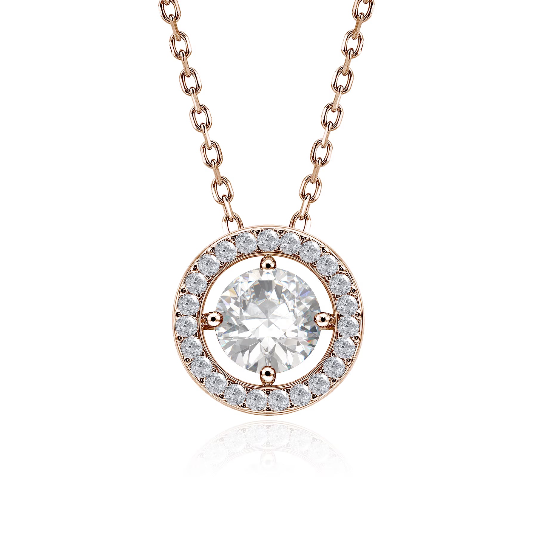 JeenMata Solitaire 1 Carat Round Cut - Moissanite - April Birthstone Halo Pendant Necklace 18k Rose Gold over Silver, Adult, Female
