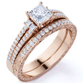 JeenMata Stunning 0.75 Carat - Princess Cut Lab Grown Diamond - Pave - Vintage - Double Band Engagement Ring - Bridal Set - 10K Rose Gold