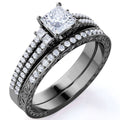 JeenMata Stunning 0.75 Carat - Princess Cut Lab Grown Diamond - Pave - Vintage - Double Band Gothic Engagement Ring - Bridal Set - 10K Black Gold