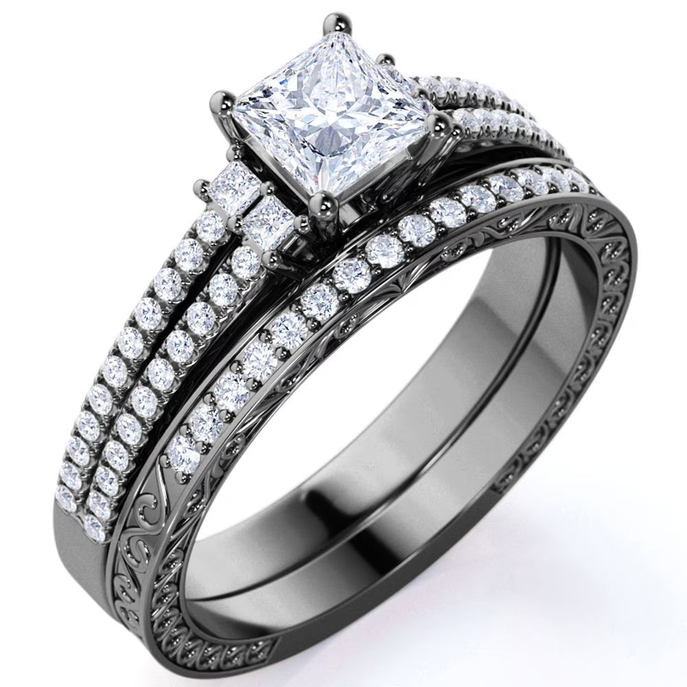 JeenMata Stunning 0.75 Carat - Princess Cut Lab Grown Diamond - Pave - Vintage - Double Band Gothic Engagement Ring - Bridal Set - 10K Black Gold