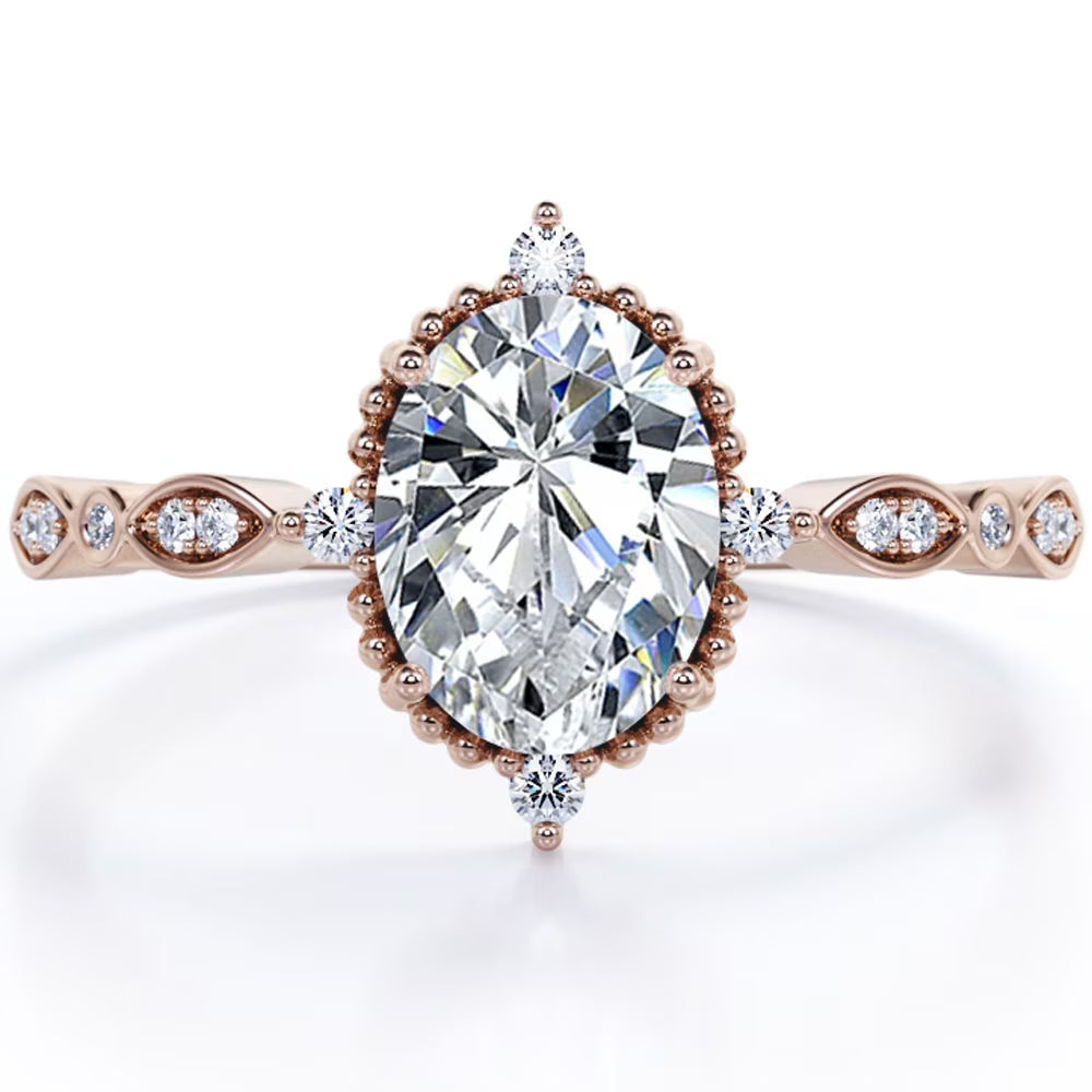 JeenMata 1.5 Carat Moissanite Oval Shape - Vintage Filigree Bezel 5-Stone Milgrain Decorative Engagement Ring In 18K Rose Gold Plating for Women