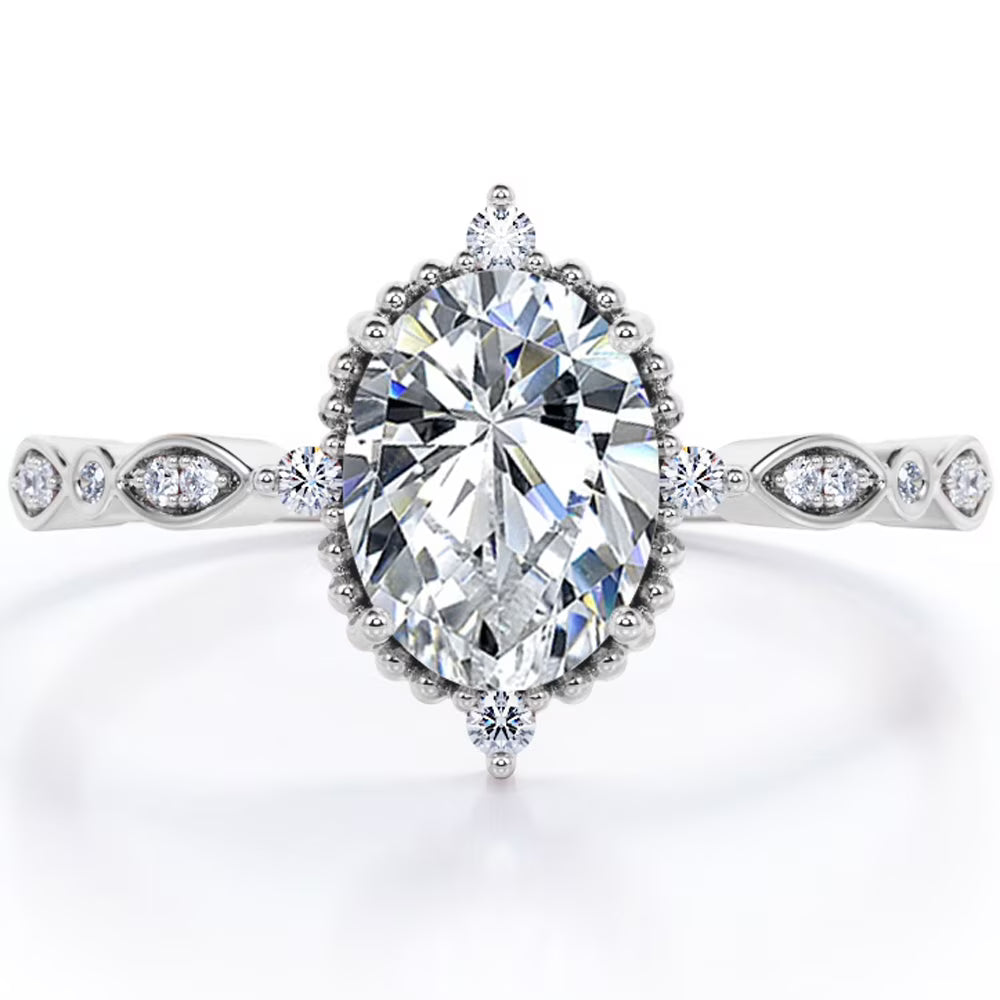 JeenMata 1.5 Carat Moissanite Oval Shape - Vintage Filigree Bezel 5-Stone Milgrain Decorative Engagement Ring In 18K White Gold Plating for Women