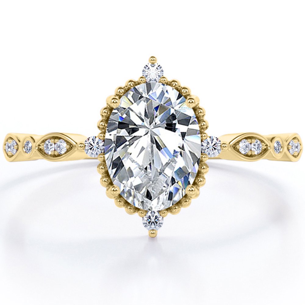 JeenMata 1.5 Carat Moissanite Oval Shape - Vintage Filigree Bezel 5-Stone Milgrain Decorative Engagement Ring In 18K Yellow Gold Plating for Women