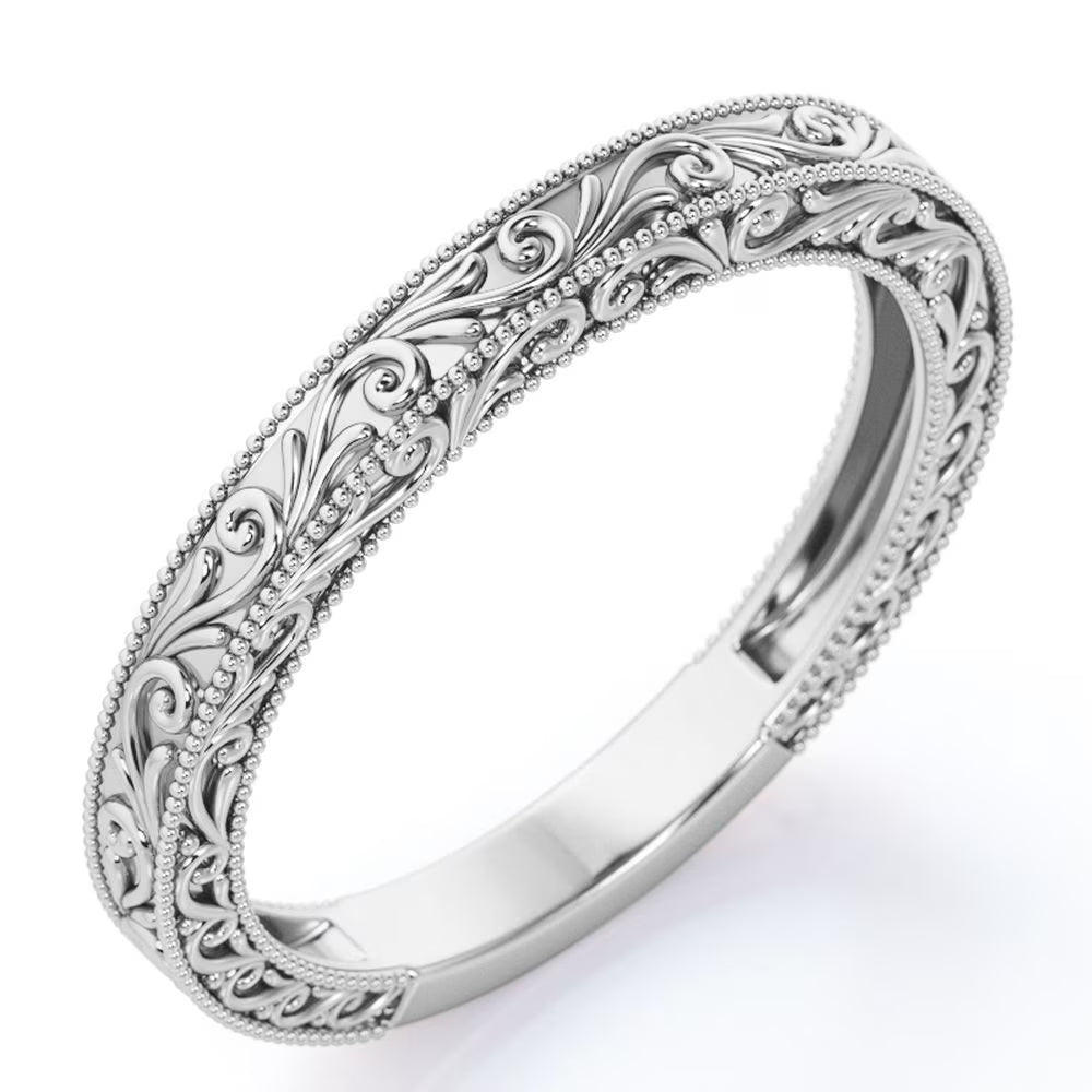 JeenMata Vintage Filigree Wedding Band - Milgrain Edge - in 18k White Gold Plating for Women