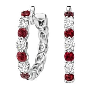 JeenMata 2 Carat July Birthstone - Ruby Red & Cubic Zirconia Hoop Earrings - Multicolor Birthstone Earrings in 18K White Gold Plating for Women