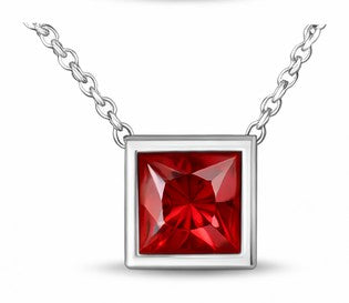 JeenMata 3.3 Carat July - Ruby Birthstone Princess Cut Bezel Set Pendant Necklace - in 18K White Gold Plating for Women