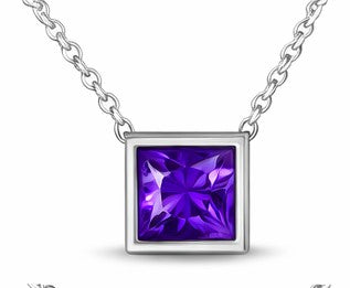 JeenMata 3.3 Carat June - Alexandrite Birthstone Princess Cut Bezel Set Pendant Necklace - in 18K White Gold Plating for Women