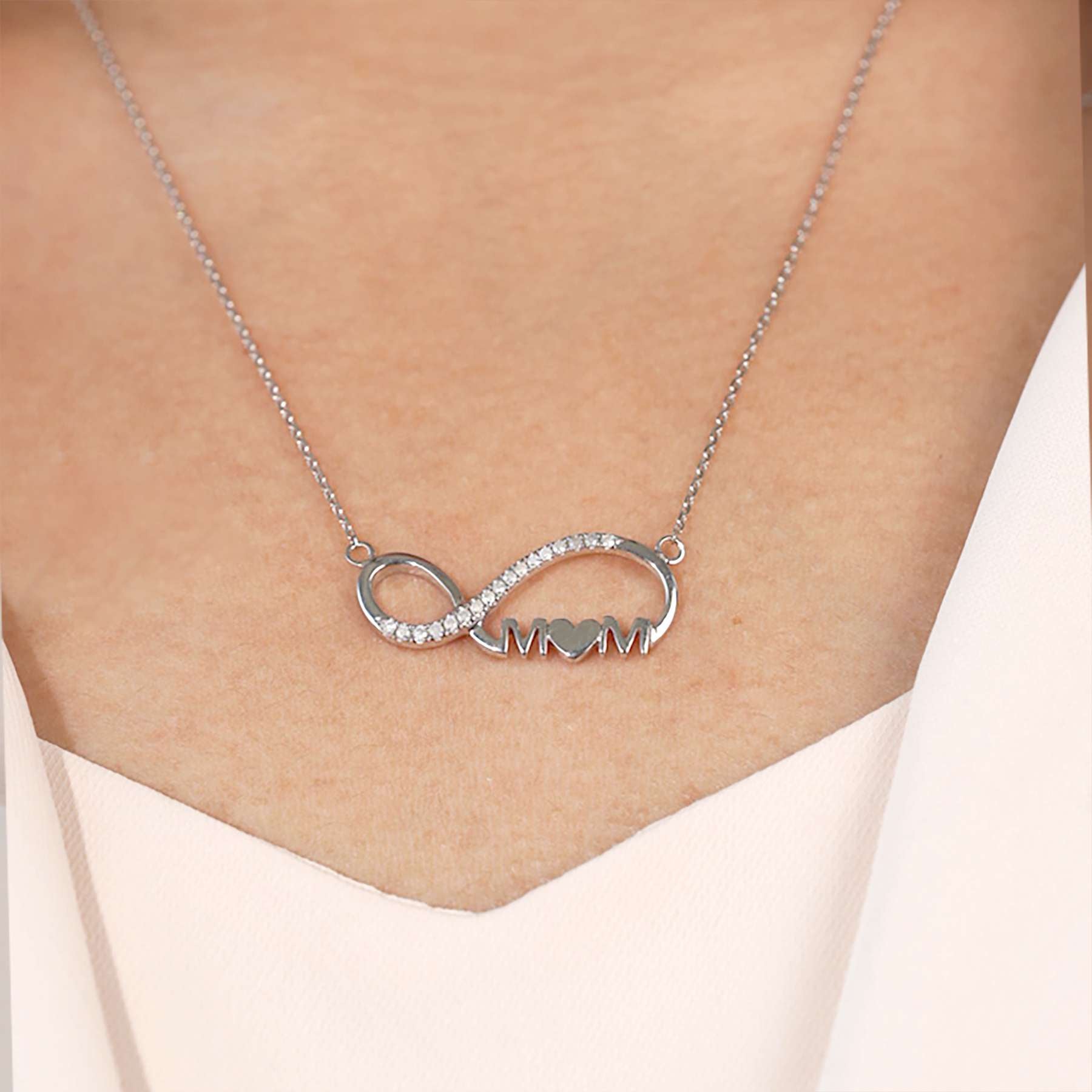 JeenMata Infinity Mom Moissanite Pendant Necklace in 18K White Gold over Silver