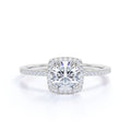 JeenMata Cushion Halo Design 1 Carat Round Cut Moissanite Pave Prong Set Engagement Ring In 18K White Gold Plating for Women