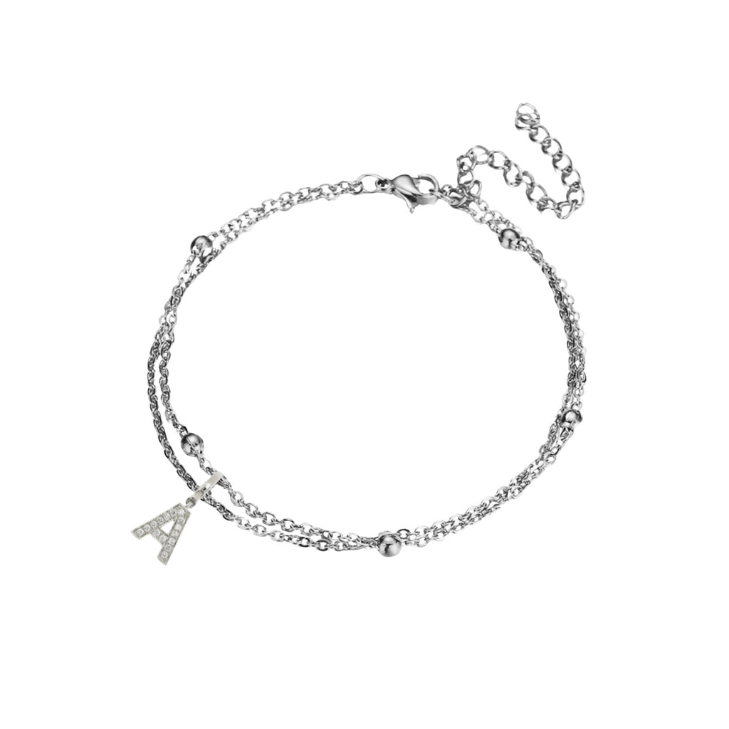 JeenMata Lab Grown Diamond Initial "A" Lab Grown Diamond Letter Bracelet - Double Layer Alphabet Jewelry - 18K White Gold Plating for Women