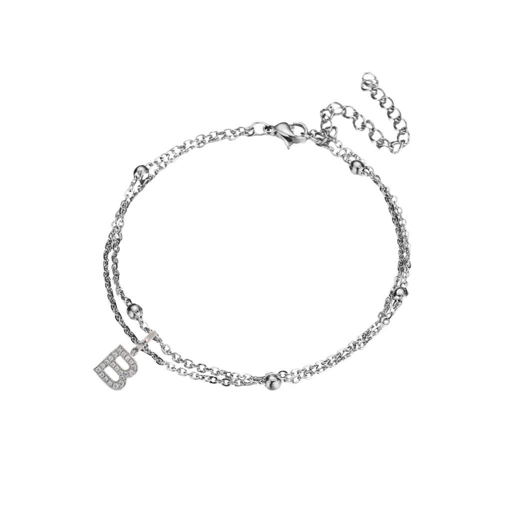 JeenMata Lab Grown Diamond Initial "B" Lab Grown Diamond Letter Bracelet - Double Layer Alphabet Jewelry - 18K White Gold Plating for Women
