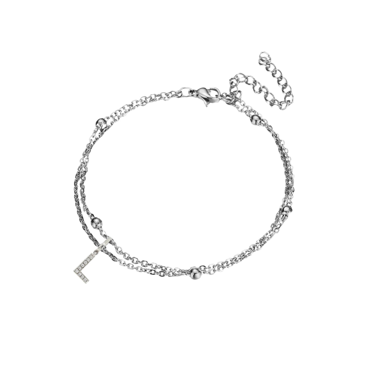 JeenMata Lab Grown Diamond Initial "L" Lab Grown Diamond Letter Bracelet - Double Layer Alphabet Jewelry - 18K White Gold Plating for Women