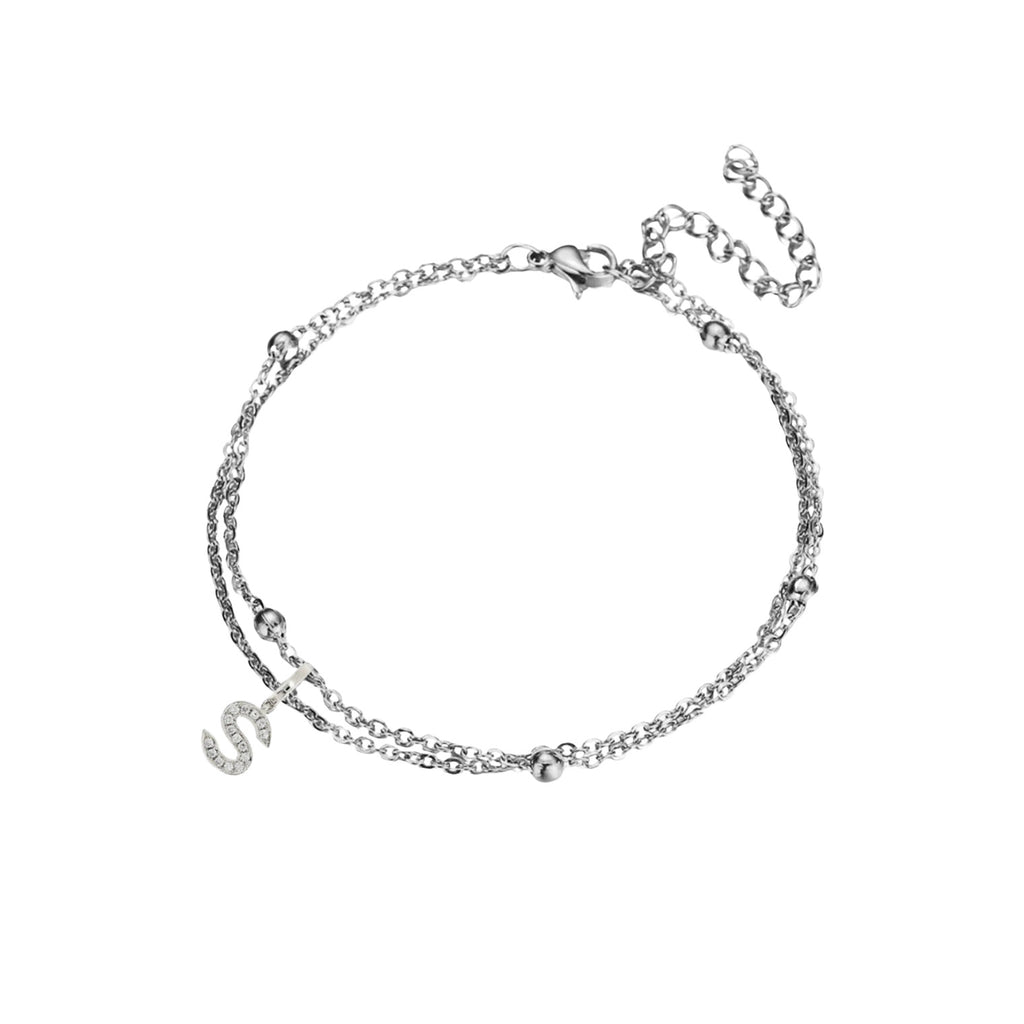 JeenMata Lab Grown Diamond Initial "S" Lab Grown Diamond Letter Bracelet - Double Layer Alphabet Jewelry - 18K White Gold Plating for Women
