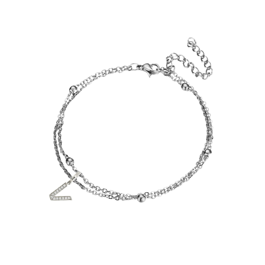 JeenMata Lab Grown Diamond Initial "V" Lab Grown Diamond Letter Bracelet - Double Layer Alphabet Jewelry - 18K White Gold Plating for Women