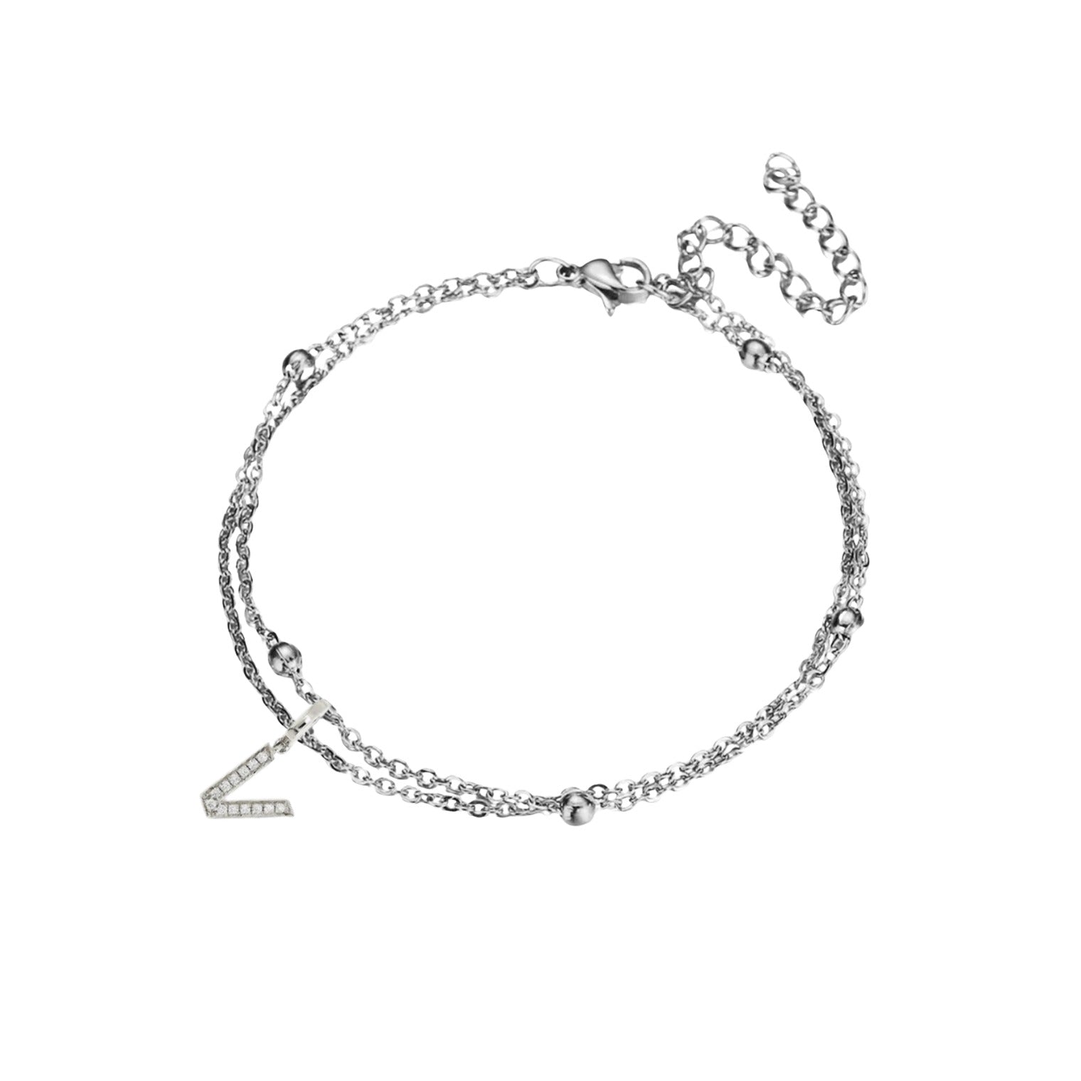 JeenMata Lab Grown Diamond Initial "V" Lab Grown Diamond Letter Bracelet - Double Layer Alphabet Jewelry - 18K White Gold Plating for Women