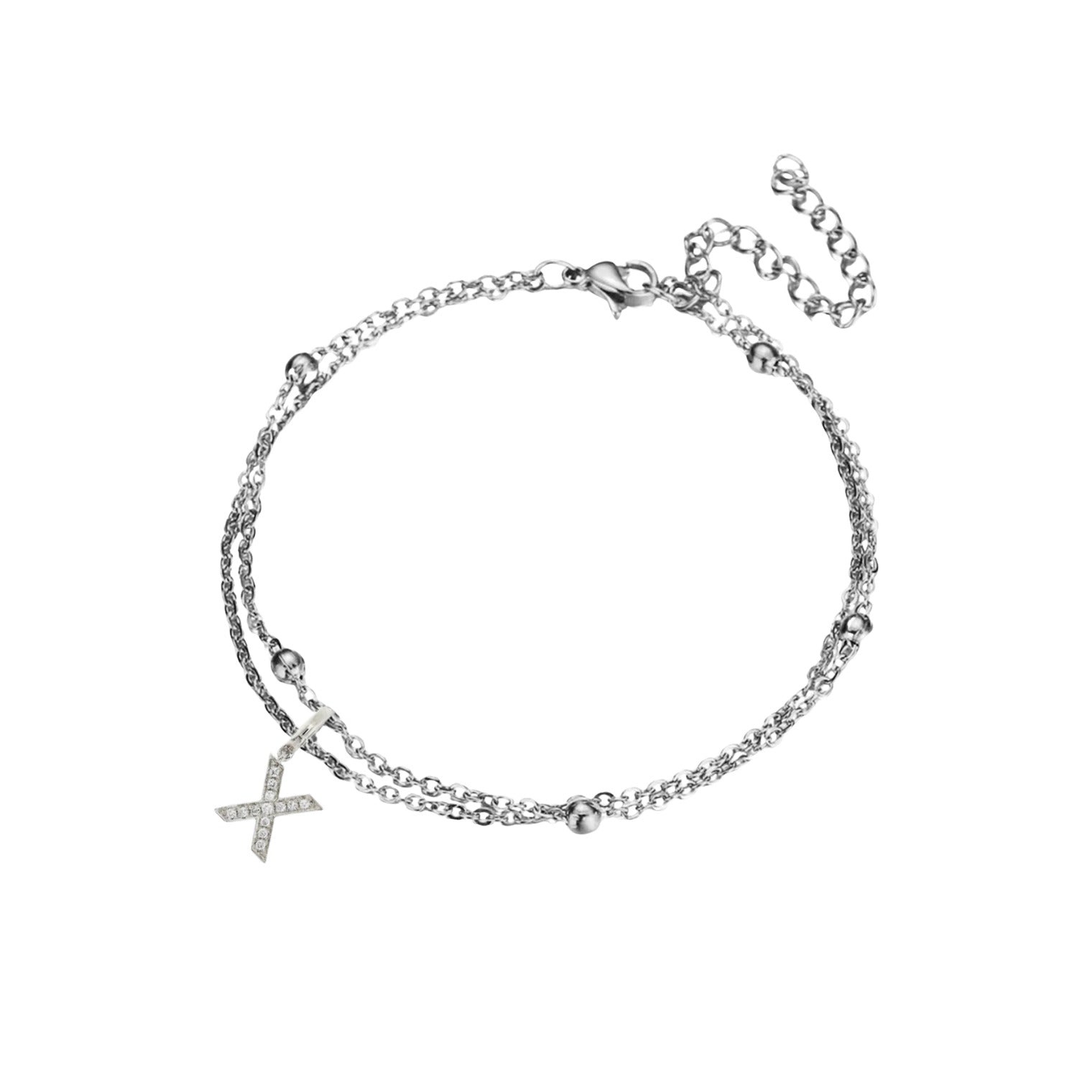 JeenMata Lab Grown Diamond Initial "X" Lab Grown Diamond Letter Bracelet - Double Layer Alphabet Jewelry - 18K White Gold Plating for Women