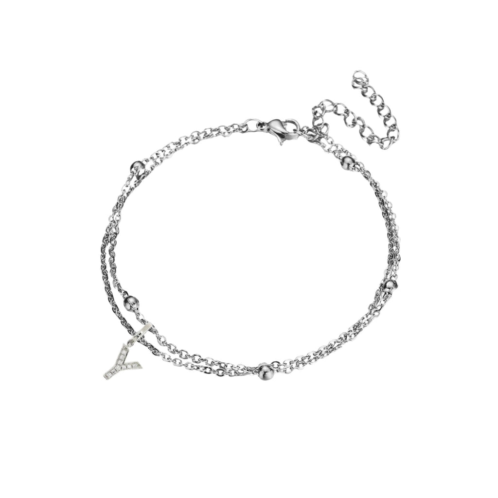JeenMata Lab Grown Diamond Initial "Y" Lab Grown Diamond Letter Bracelet - Double Layer Alphabet Jewelry - 18K White Gold Plating for Women