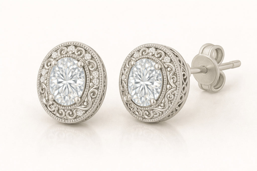 JeenMata 2 Carat Moissanite Oval Cut Stud Earrings Classic Vintage Design in 18K White Gold Plated for Women