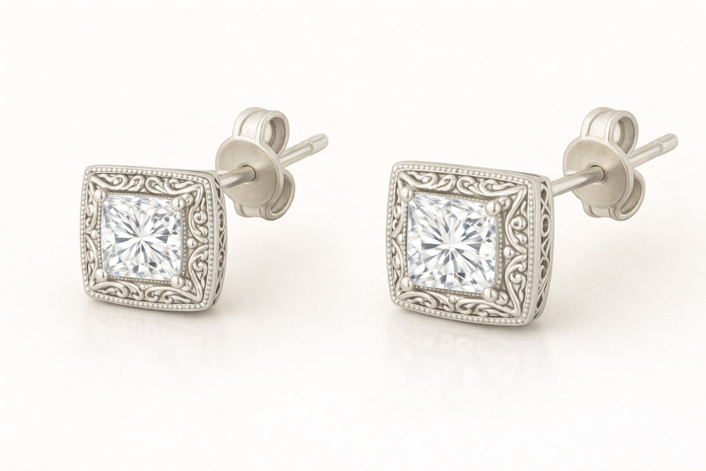 JeenMata 2 Carat Moissanite Princess Cut Stud Earrings Classic Square Design in 18K White Gold Plated for Women