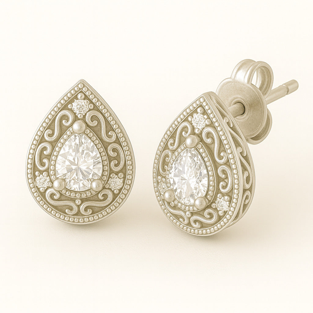 JeenMata 2 Carat Moissanite Pear Cut Stud Earrings Classic Vintage Design in 18K White Gold Plated for Women
