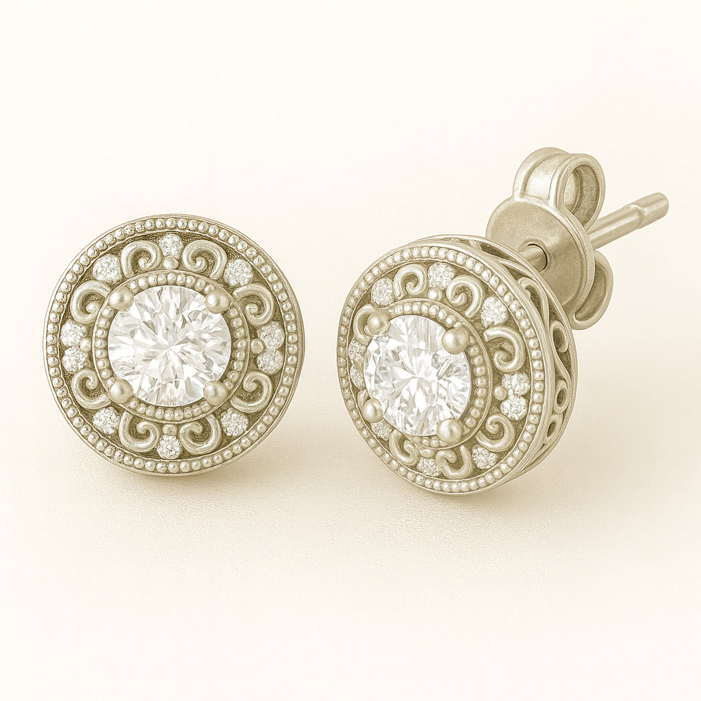 JeenMata 2 Carat Moissanite Round Cut Stud Earrings Classic Vintage Design in 18K White Gold Plated for Women