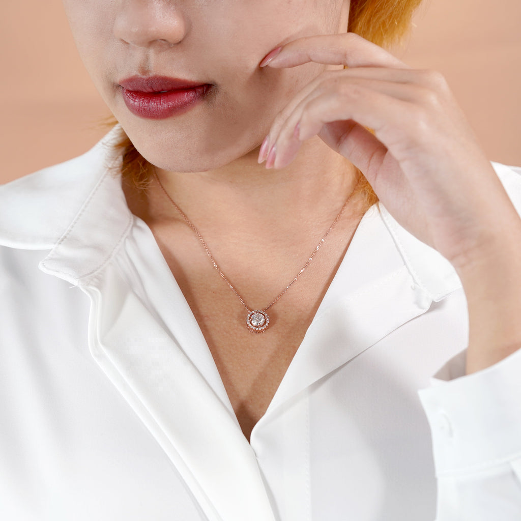 Solitaire 1 Carat Round Cut Real Moissanite Halo Pendant Necklace in 18k White Gold Over Silver