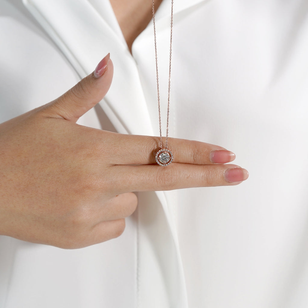 Solitaire 1 Carat Round Cut Real Moissanite Halo Pendant Necklace in 18k White Gold Over Silver