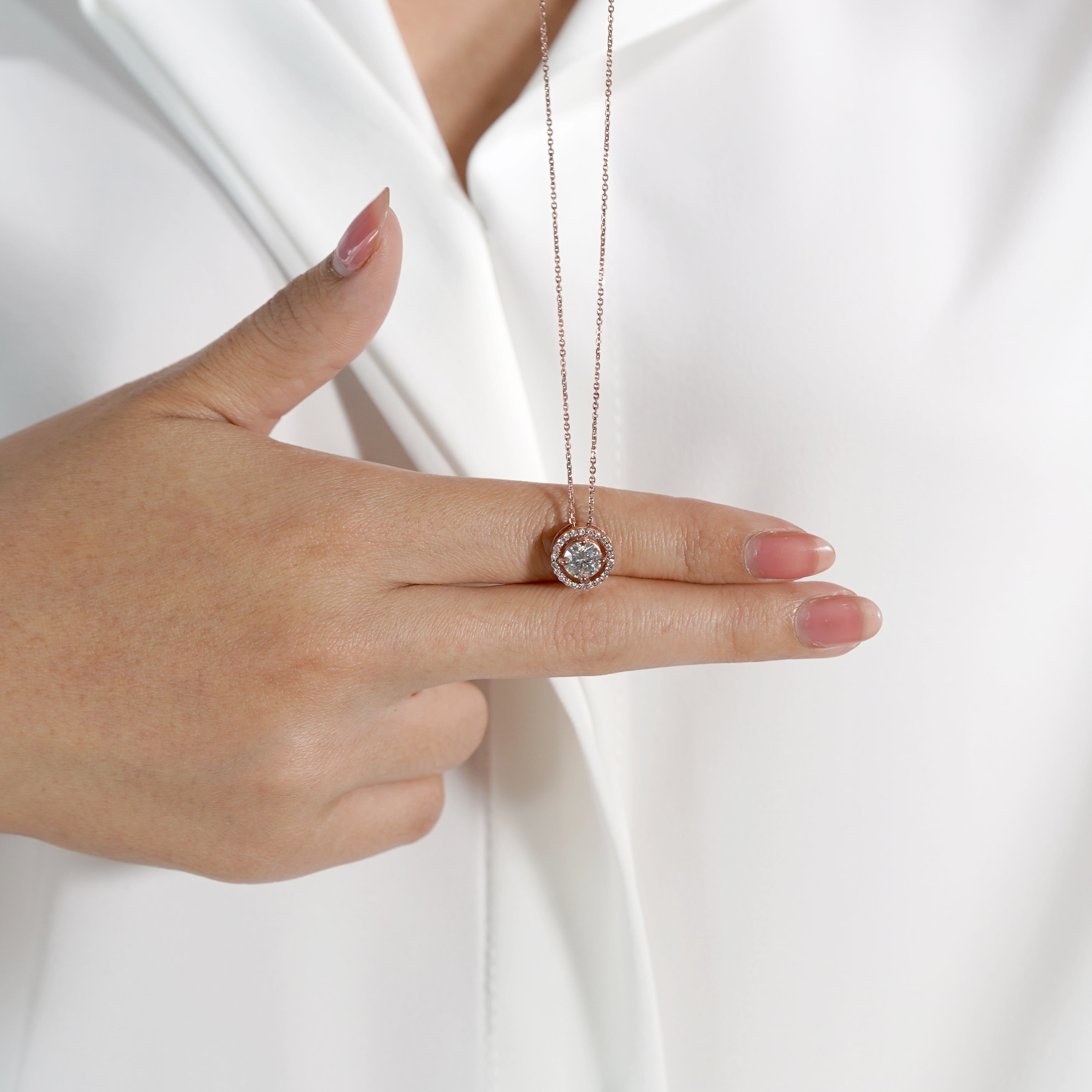 Solitaire 1 Carat Round Cut Real Moissanite Halo Pendant Necklace in 18k White Gold Over Silver