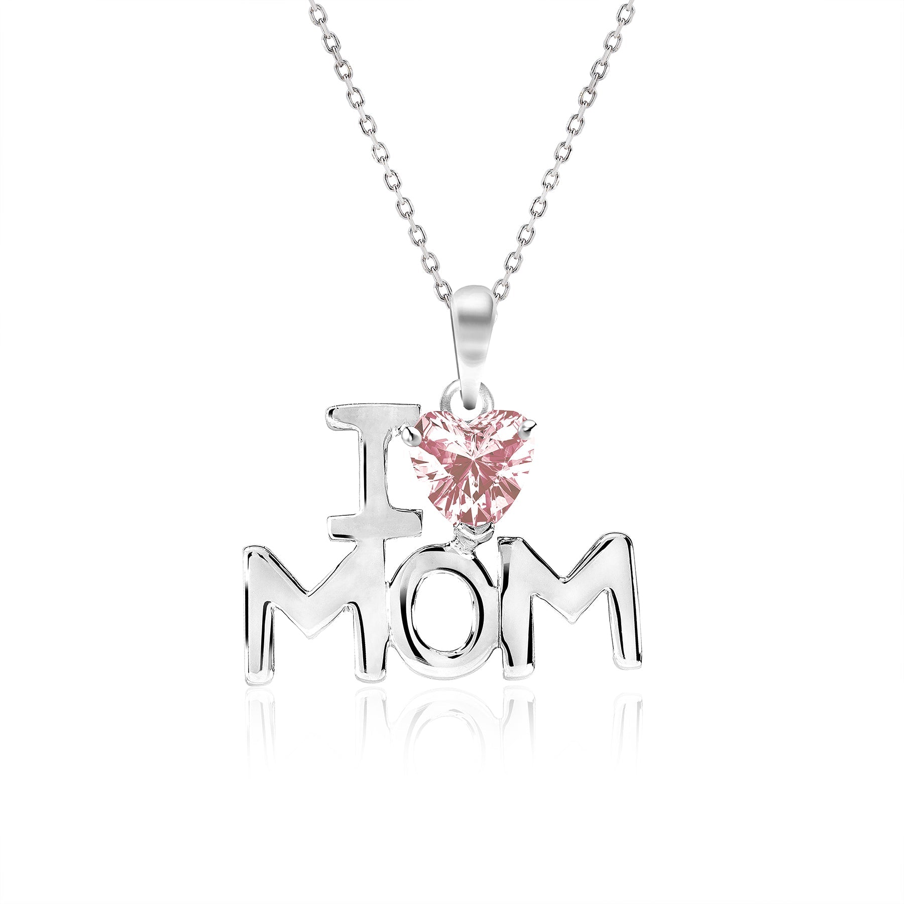 I Love Mom Heart Shaped Pink Stone Pendant Necklace with 18K White Gold over Silver - October Birthstone - Mother's Day Jewelry Gift
