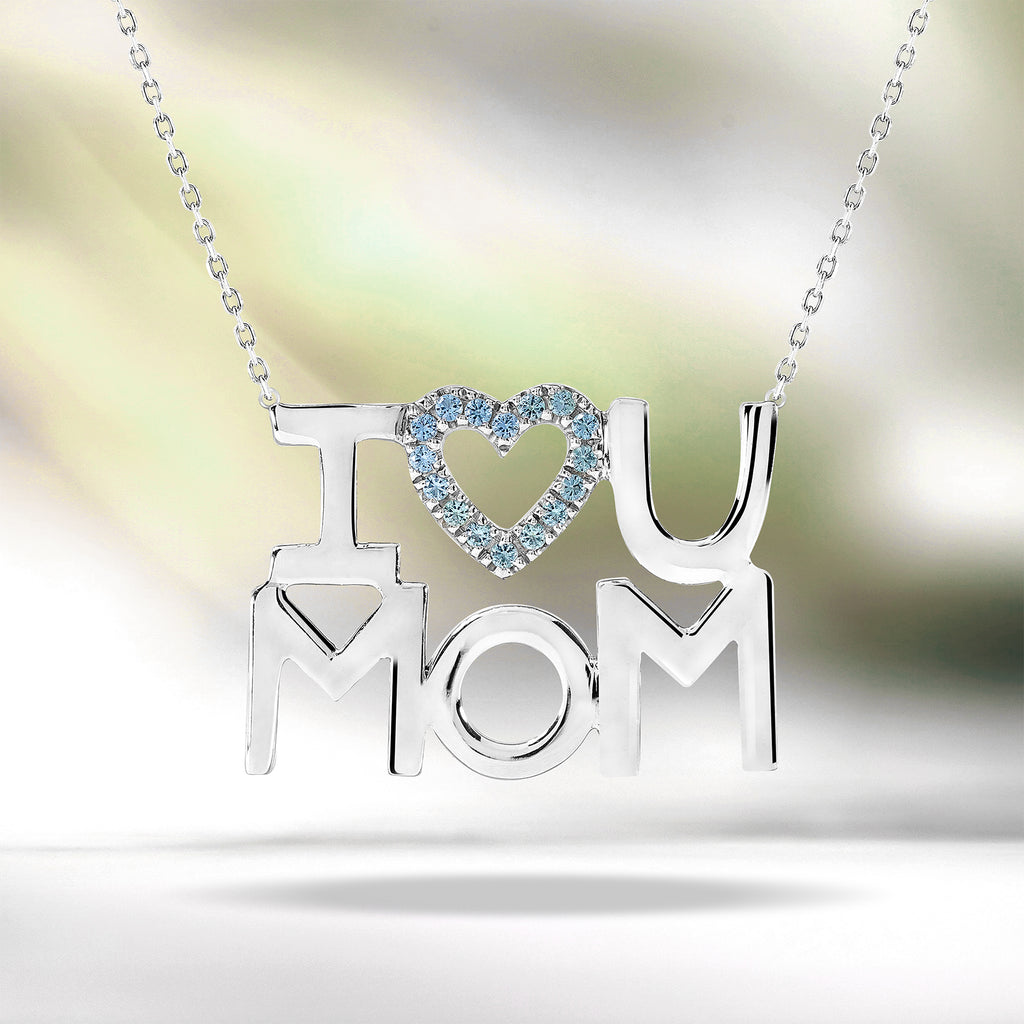 JeenMata I Love U Mom Ice Blue Stone Embellished Open Heart Pendant Necklace in 18K White Gold over Silver - March Birthstone - Gift for Mom