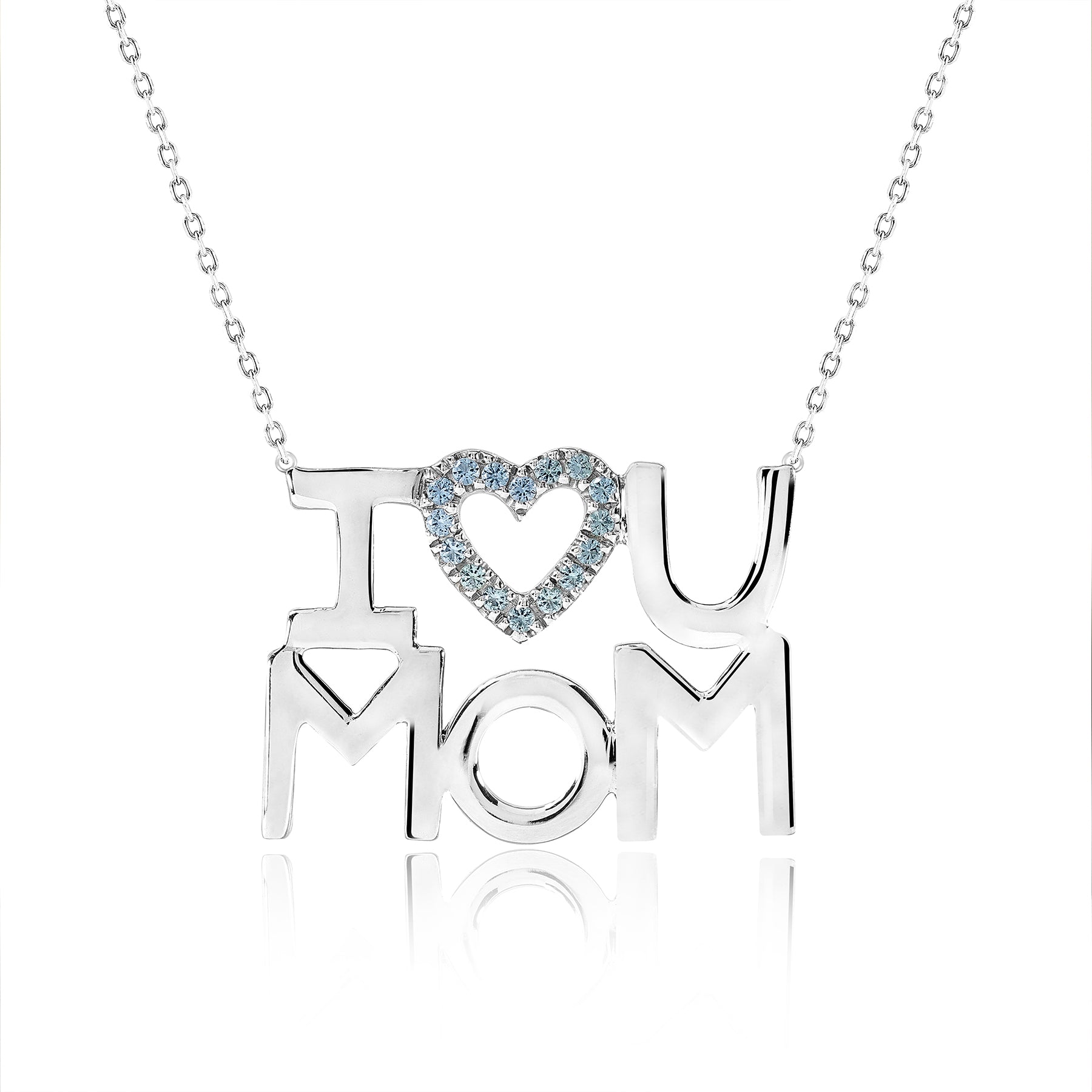 JeenMata I Love U Mom Ice Blue Stone Embellished Open Heart Pendant Necklace in 18K White Gold over Silver - March Birthstone - Gift for Mom