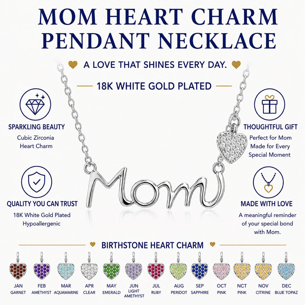 JeenMata Mom Pendant - Garnet January Birthstone Decorated Heart Charm Pendant Necklace in 18K White Gold Plating, Mother's Day, Gift for MOM