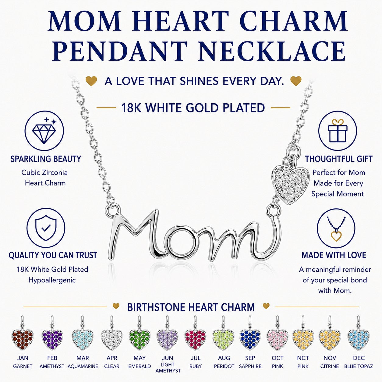 JeenMata Mom Pendant - Garnet January Birthstone Decorated Heart Charm Pendant Necklace in 18K White Gold Plating, Mother's Day, Gift for MOM