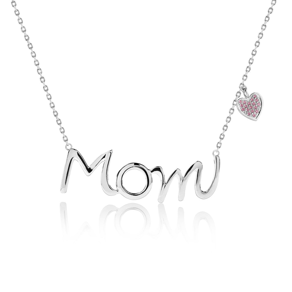 Mom Script Pendant with Pink Stone Decorated Heart Charm Pendant Necklace in 18K White Gold over Silver - October Birthstone