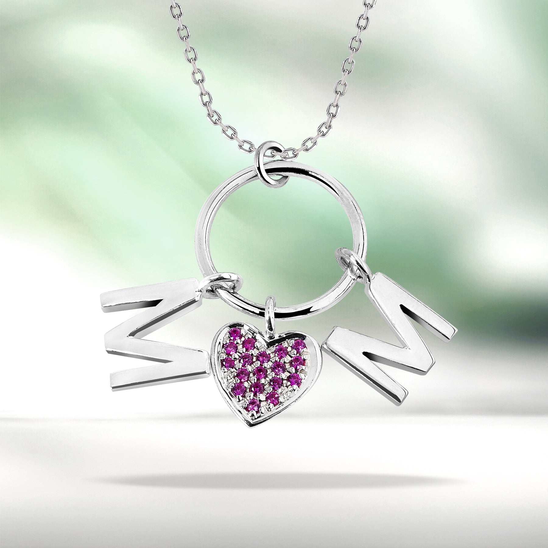 Circle Pendant with MOM Charms Pendant Necklace in 18K White Gold over Silver - Purple Stone Embellished - February Birthstone