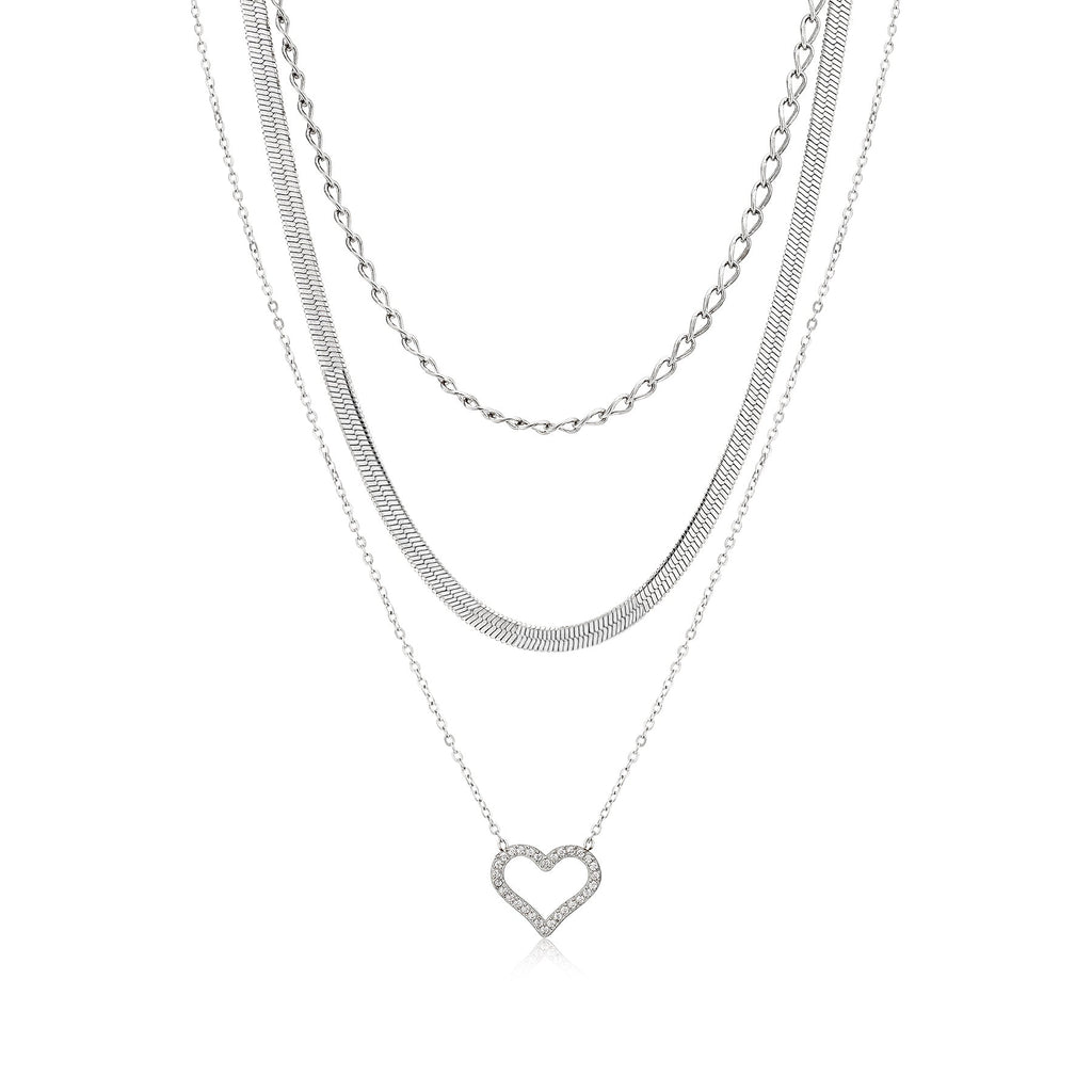 JeenMata Multipack 3 pc Women Layered Necklace Pendant, White Gold Plating, Gold Chain, Choker Necklace, Herringbone Layered Necklace Jewelry Gift