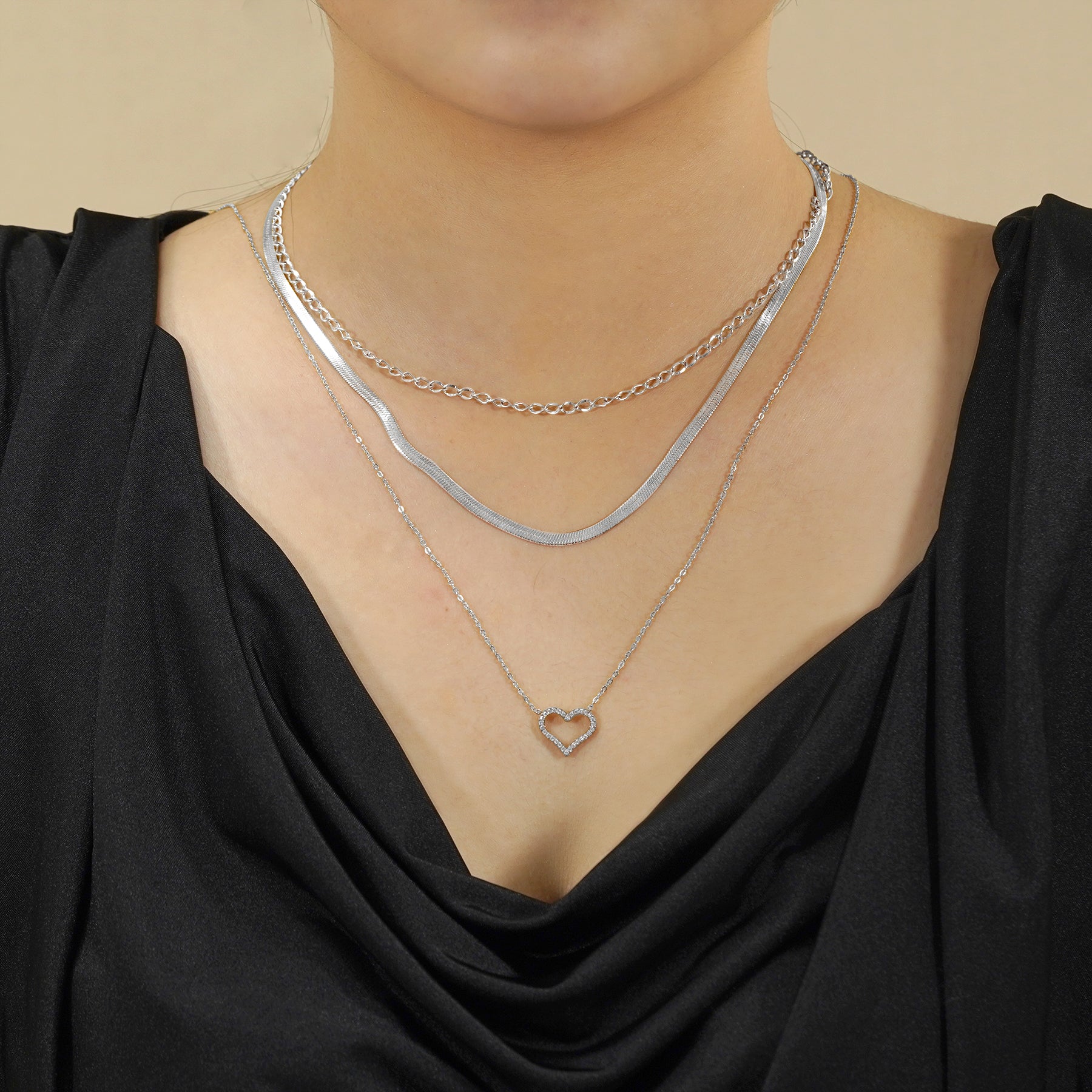 JEENMATA Multipack 3 pc Women Layered Necklace Pendant, Yellow Gold Plating, Gold Chain, Choker Necklace, Herringbone Layered Necklace Jewelry Gift