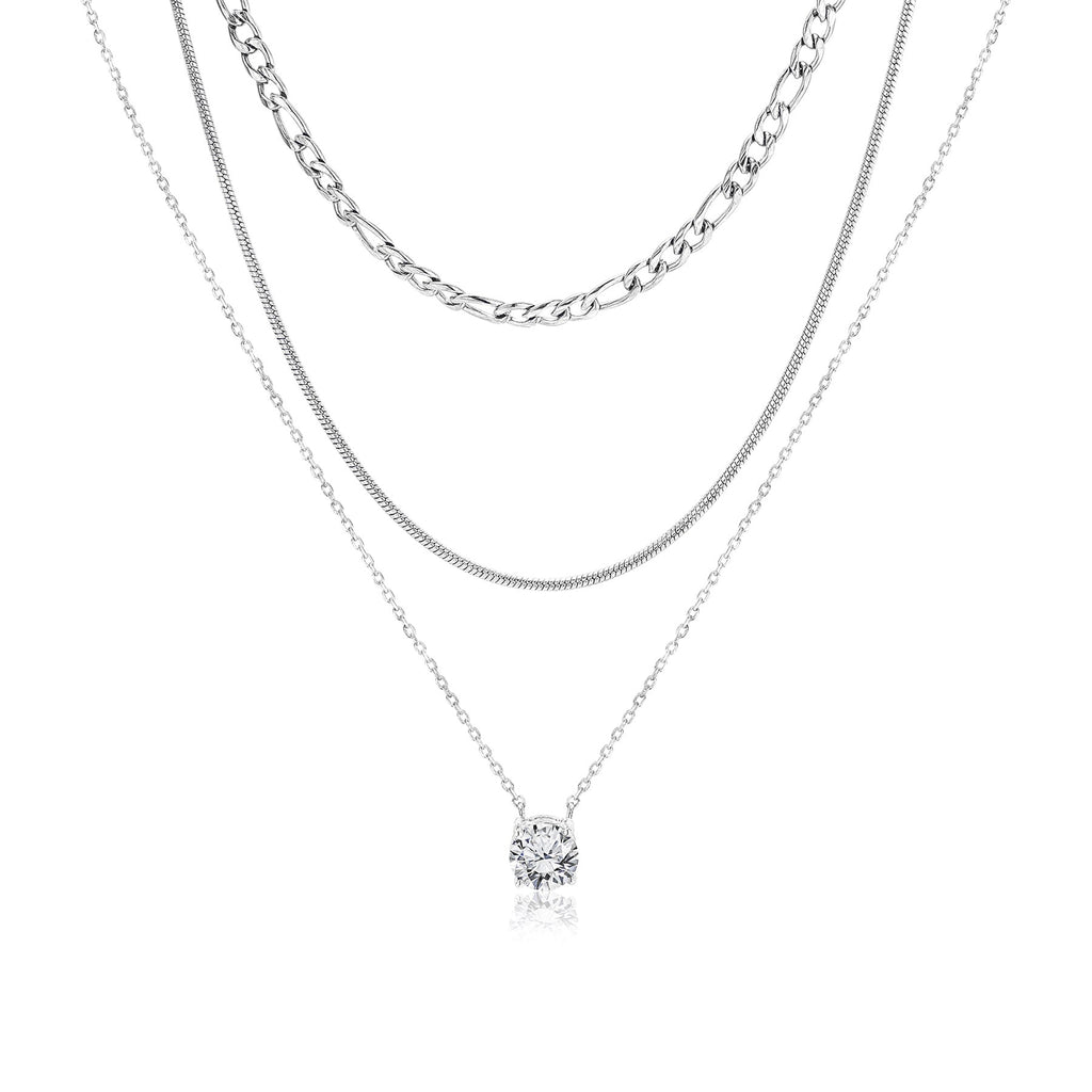 JeenMata Multipack 3 pc Women Layered Necklace Pendant, White Gold Plating, Gold Chain, Choker Necklace, Herringbone Layered Necklace Jewelry Gift
