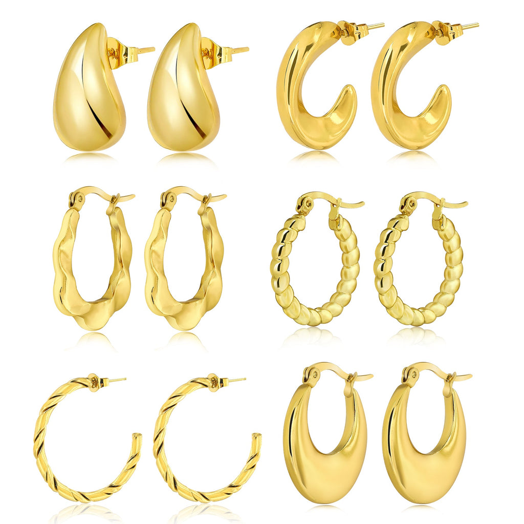 6 Pairs Multipack Everyday Women Earrings Gift Set in Yellow Gold Plating, Thick Open, Lightweight, Hoop Hypoallergenic Twisted Earrings for Women
