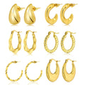 6 Pairs Multipack Everyday Women Earrings Gift Set in Yellow Gold Plating, Thick Open, Lightweight, Hoop Hypoallergenic Twisted Earrings for Women